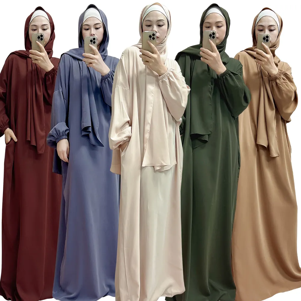 Abaya de uso diario para mujeres musulmanas, conjunto completo de Color sólido, largo, estilo islámico, Jilbab Khimar, F629