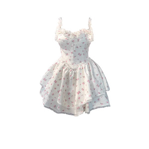 French Style White Floral Print Sundress Strapless Empire Waist Casual Dress For Women Daily Wear Summer Outfit - Product Image 5