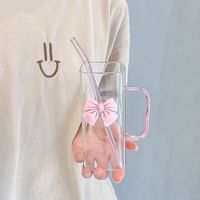 350ml Rose Bowknot Carré Verre Tasse avec Poignée Couvercle et Paille pour Eau Jus Lait Potable Verrerie