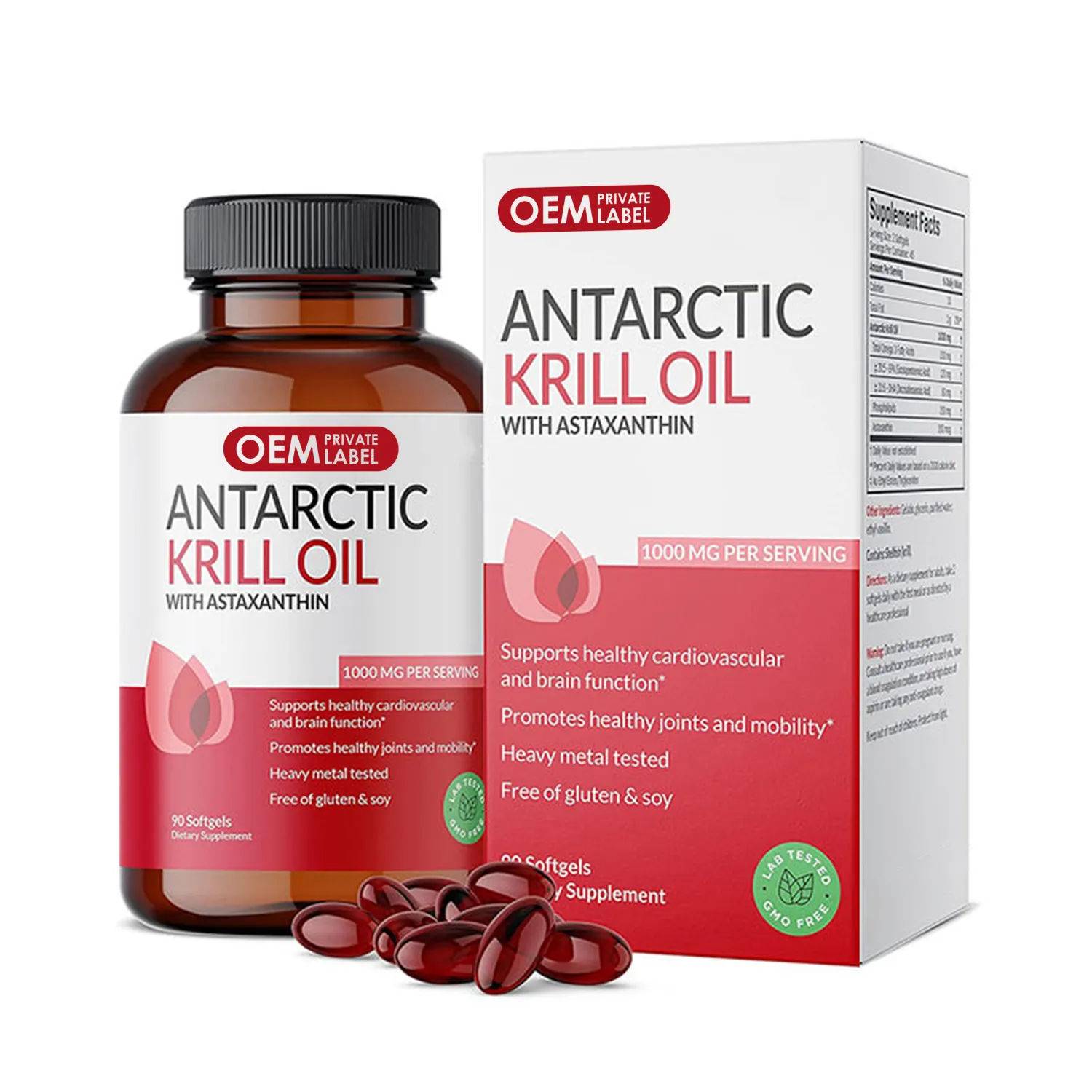 Cápsulas de aceite de krill de Etiqueta Privada, astaxantina, aceite de krill, suplemento de gelatina blanda, compatible con el corazón, el cerebro y la salud de las articulaciones