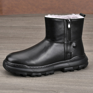 Bottines pour hommes en cuir véritable, bout rond, doublure en fourrure, semelle en caoutchouc, bottes d'hiver chaudes antidérapantes pour la neige - Product Image 2