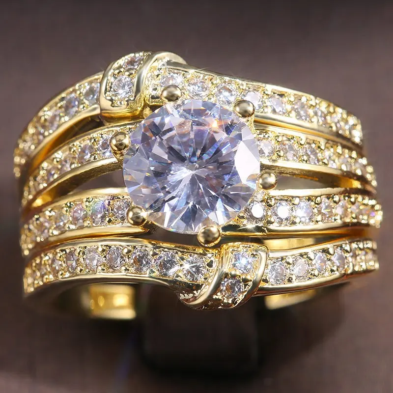 ชุดแหวนแต่งงานเจ้าสาว3ชิ้นสุดหรู,แหวนหินเพทายใสสำหรับผู้หญิงสาวๆแหวนหมั้นแฟชั่นของขวัญเครื่องประดับ