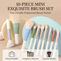 Mini Kit de Pinceaux de Maquillage Écologiques et Colorés – 10 Pièces avec Manche en Bois, Fibres Synthétiques, Styles Angulaires et pour Estomper le Fard à Joues, Sac en Maille pour le Visage