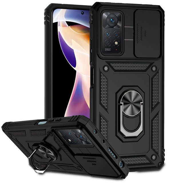 Shockproof PC Phone Case with Ring Kickstand Car Mount Magnetic Holder Case for Redmi Note 11 Pro Red Color Shock Absorption