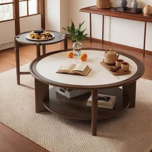 Vintage Style Round <b>Coffee</b> <b>Table</b> <b>Set</b> <b>Marble</b> Top Solid Wood Living Room Furniture With Storage Shelf For Small Apartment - Product Image 1