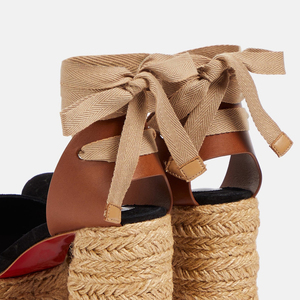 Sandales à talons hauts épais tressées en paille avec brides croisées à la cheville et plateforme, bout carré ouvert, pour femme, escarpins en daim à bout rond - Product Image 2