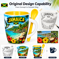 Mug à café en céramique souvenir des Caraïbes et de la Jamaïque, motif tropical plage guitare drapeau, en grès sans BPA, compatible micro-ondes, personnalisable