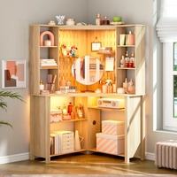 Bureau d'angle pentagonal avec ports USB, éclairage LED réglable et 9 niveaux de rangement ouverts avec dossier perforé
