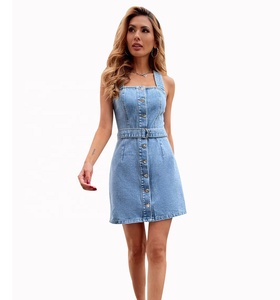 <span class=keywords><strong>Robe</strong></span> en <span class=keywords><strong>jean</strong></span> sans manches, Denim, mode <span class=keywords><strong>femme</strong></span>, boutons, couleur unie, devant, sans manches, mode décontractée, - Product Image 1