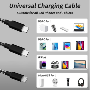 Cable <span class=keywords><strong>USB</strong></span> C de nailon trenzado de 6 pies, cable de cargador múltiple con puerto <span class=keywords><strong>Micro</strong></span> e IP tipo C para <span class=keywords><strong>iPhone</strong></span> 16/15, cable de carga - Product Image 3