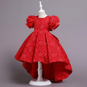 Robe de princesse rouge en dentelle pour enfants, col rond, manches bouffantes, coupe trapèze, robe de soirée pour demoiselle d'honneur, costume de spectacle de piano pour grandes filles - Product Image 3