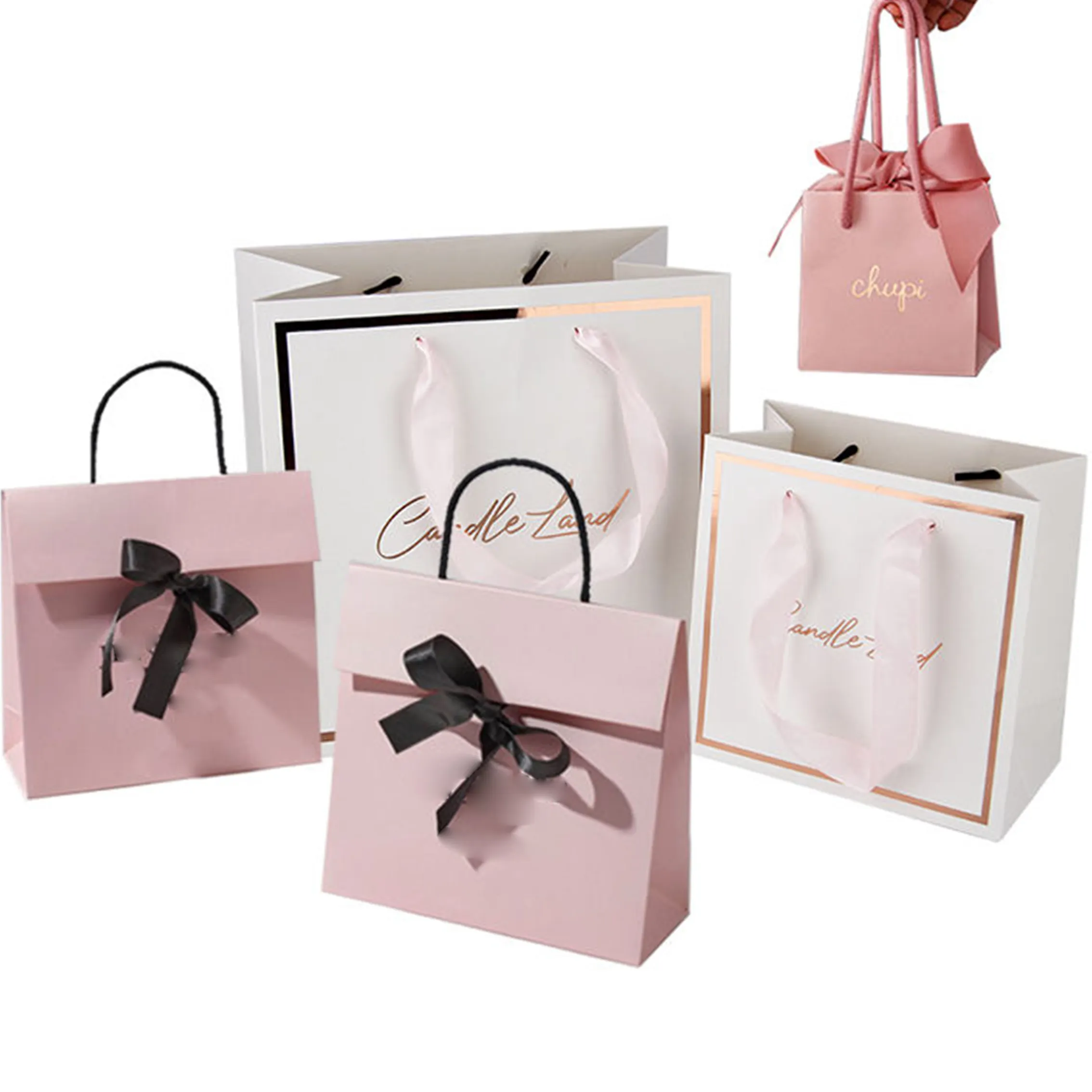Silk ribbon handle shopping small paper bags luxury shopping paper bag with ribbon handle