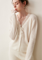 Cardigan en cachemire personnalisé, col en V, boutons en dentelle, cardigan en laine pour femme, printemps
