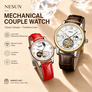 Reloj <span class=keywords><strong>de</strong></span> Lujo Automático Mecánico para Pareja, Esfera Luminosa con Diseño <span class=keywords><strong>de</strong></span> Esqueleto, Correa <span class=keywords><strong>de</strong></span> Cuero Genuino, Resistente al Agua, Set <span class=keywords><strong>de</strong></span> Regalo para Él y Ella - Product Image 1