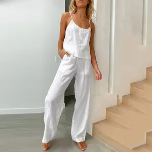 2023 yeni kolsuz beyaz kayış pantolon seti pijama gevşek moda dış giyim pamuk ve kenevir ev kürk kadınlar için