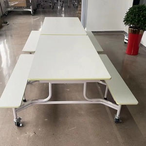 Multi Functional <b>Folding</b> Dining <b>Table</b> With Long Bench Seat White <b>Metal</b> Frame Restaurant Set Child Use Durable Combination Design - Product Image 1