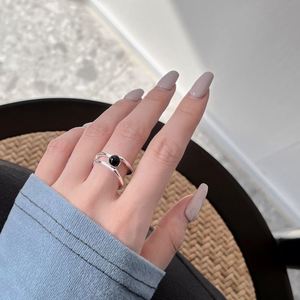 Dylam Stylish Fine Jewelry S925 Silver Rhodium Plated Double Layer Black Onyx Gemstone Jewelry <b>Open</b> <b>Rings</b> for Women - Product Image 6