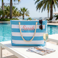 Sac de plage en toile rayée brodé sur mesure en gros, pochettes fourre-tout en toile à rayures horizontales colorées, personnalisables en vrac avec nom et logo OEM