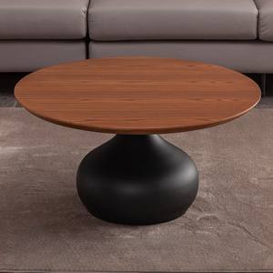 Mesa de Centro Redonda de Madera Maciza con Hierro Negro de Estilo Clásico Moderno, Mesa Auxiliar de Lujo para Sala de Estar con Diseño Simple de Viga de Roca - Product Image 1