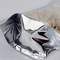 Bolsa de pie de aluminio de fábrica con frente transparente y reverso plateado para envasar patatas fritas, azúcar y gelatina, con cierre de cremallera