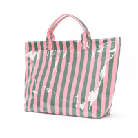 Tas Tote PVC Wanita Motif Garis Grosir, Lapisan Poliester Tahan Air, Tas Selempang Terbuka, Kapasitas Besar, Detail Bordir, Untuk Penggunaan Sehari-hari