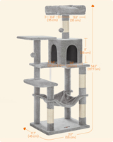 Feandrea Arbre à chat gris clair de 54,2 pouces avec hamac, condo multi-niveaux en peluche, 4 poteaux à gratter et 2 perchoirs