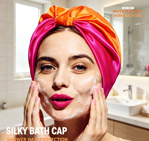 Cuffia da Doccia in Raso con Fiocco, Riutilizzabile, Impermeabile, Turbante per Capelli Bicolore, Copricapo da Bagno Personalizzabile con Logo per Donne, Bagno, Spa, Bellezza - Product Image 1