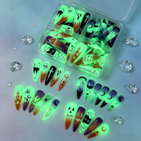 Faux ongles lumineux d'Halloween à presser, boîte de 4 compartiments, imprimés en 3D, longs stilettos, qui brillent dans le noir, motifs citrouille, araignée, fantôme