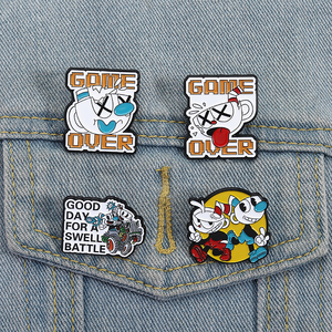 Pins en émail Game Over <span class=keywords><strong>Cuphead</strong></span> Mugman, personnages de <span class=keywords><strong>jeux</strong></span> de dessins animés, broches, bijoux amusants, cadeau pour amis, vente en gros, badges à attacher - Product Image 5
