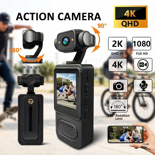 4K 60Fps Portable Action Camera 360 Degree Rotatable & Anti-Shake Pocket Vlog Camera for Outdoor Travel Shooting