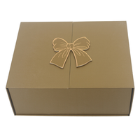 Boîte cadeau pliable dorée avec logo personnalisé, design nœud et fermeture magnétique pour emballages de mariage, d'entreprise et de marques haut de gamme