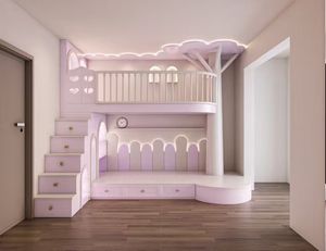 Letto a Castello per Bambini in Legno Massello Durevole, Tema 'Sogno di una Ragazza', Personalizzabile, con Sponde di Sicurezza e Illuminazione, con Spazio di Archiviazione - Product Image 1