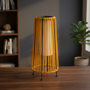 Modern Yellow Woven Rattan Cylindrical E26 Solar Table Lamp AC <b>Small</b> Floor Lamp for Patio Garden Porch Yard - Product Image 3