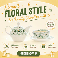 Service à thé en céramique élégant à motif floral vert avec théière, tasse et soucoupe pour le thé de l'après-midi, décoration de la maison et cadeaux