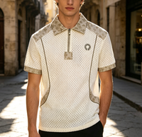 T-shirt Homme Décontracté en Maille Tricotée Respirante, Col Demi-Zip, Motif Floral Vintage, Col en V, Design Uni pour le Golf, 180g