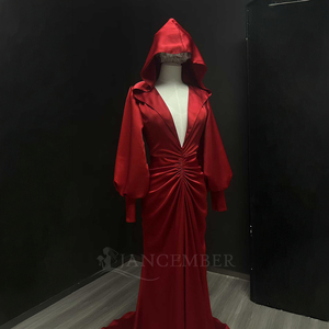 Vestido de Noche Rojo con Capucha Nt12, Manga Larga, Cuello en V Profundo, Estilo Sirena, de Seda, Elegante, para Eventos Formales, Jancember - Product Image 3