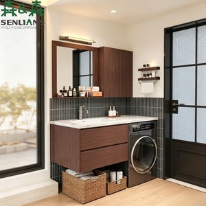 <span class=keywords><strong>Mobile</strong></span> <span class=keywords><strong>Bagno</strong></span> Moderno Minimalista in Pietra Sinterizzata SLS <span class=keywords><strong>con</strong></span> Spazio per Lavatrice, <span class=keywords><strong>Mobile</strong></span> Sospeso Personalizzato Effetto Legno - Product Image 2
