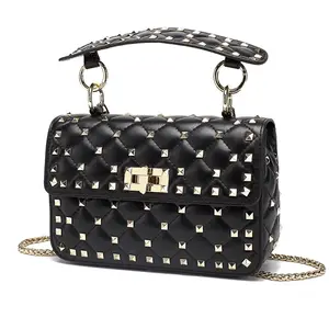 Fashion goat leather bag purse tote with metal lock golden rivets sheepskin crossbody bag handbags for women