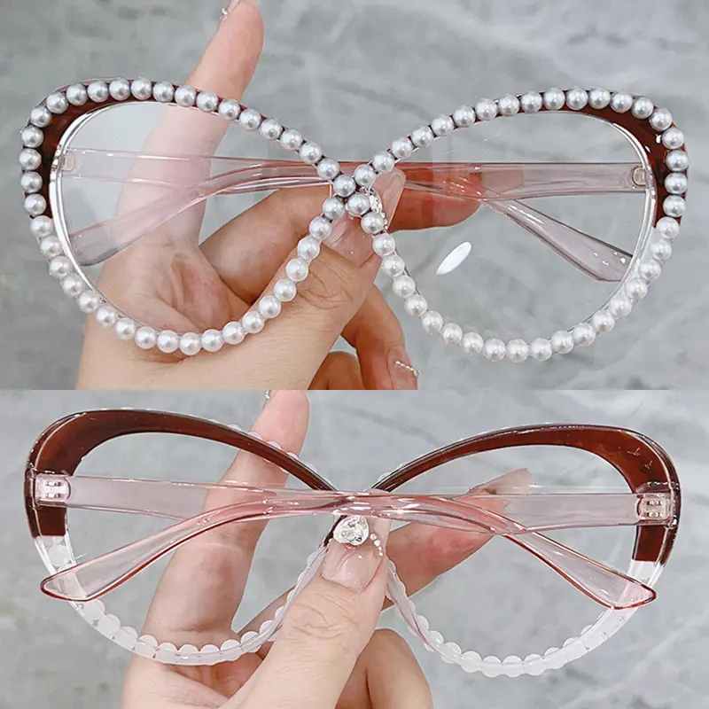 DL kính ngọc trai mèo mắt quá khổ Kính mắt handmade ánh sáng màu xanh chặn Eyewear Thời Trang Phụ Nữ Kính quang học