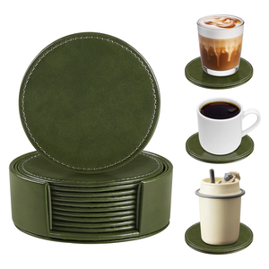 Juego de Posavasos Redondos de Cuero Sintético Verde con Logotipo Personalizado, Posavasos de Cuero PU <span class=keywords><strong>para</strong></span> Té, Cerveza, Café y Bebidas con Soporte - Product Image 3