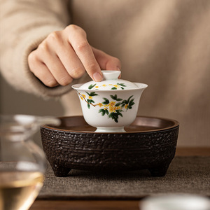 Hand Painted Osmanthus Flower Gaiwan Porcelain With Lid Single <b>Tea</b> Bowl For Gongfu <b>Tea</b> <b>Set</b> Home Use Afternoon <b>Tea</b> - Product Image 1