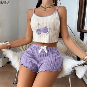 Embroidered Pajamas <b>Women</b> Summer Satin Brushed Camisole <b>Shorts</b> Set <b>Elastic</b> <b>Waist</b> - Product Image 3