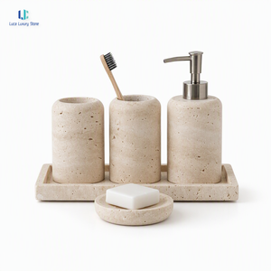 Ensemble d'accessoires de salle de bain en marbre travertin Luca |   Ensemble de 5 pièces en pierre polie : Distributeur de savon, Porte-brosses à dents, Plateau – Idéal pour la maison et l'hôtel, sur mesure - Product Image 1