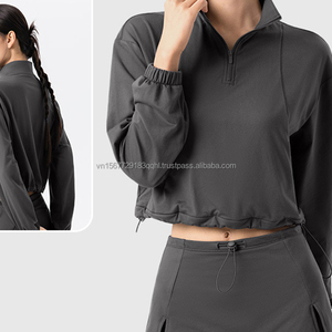 Top de yoga de manga larga con media cremallera para mujer, con dobladillo con cordón, forro polar fino, top deportivo cálido, ropa informal holgada para fitness - Product Image 5