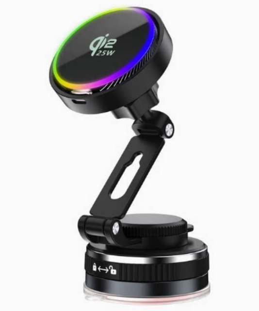 25W Portable Flexible Adjustable Height Vacuum Suction Magnetic Car Wireless Charger Phone Mount with ABS Plastic for Dashboard