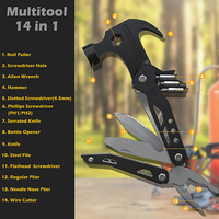 Marteau multifonction, accessoires de camping, survie, outil multifonction 14 en 1, marteau à griffes pour usages multiples
