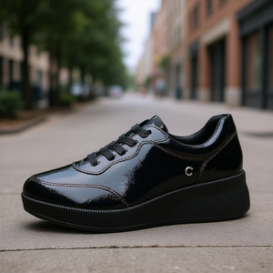 Black Patent <b>Leather</b> Platform <b>Sneaker</b> Women's Size 35 Low Heel Casual Wear - Product Image 3