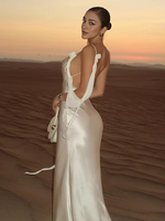 Robe longue élégante blanche sans manches à fleurs 3D, dos nu, col bénitier, style bodycon, pour femme, été