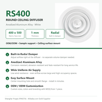 Diffuseur de plafond rond en aluminium à large distribution d'air uniforme et faible résistance au vent RS400 avec amortisseur radial, blanc, montage en surface