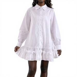 Vestido Camisero Blanco Antiestático de Otoño para Mujer <span class=keywords><strong>con</strong></span> Borde Ondulado, Ajuste Holgado, Abotonadura Sencilla y <span class=keywords><strong>Falda</strong></span> Corta - Product Image 1